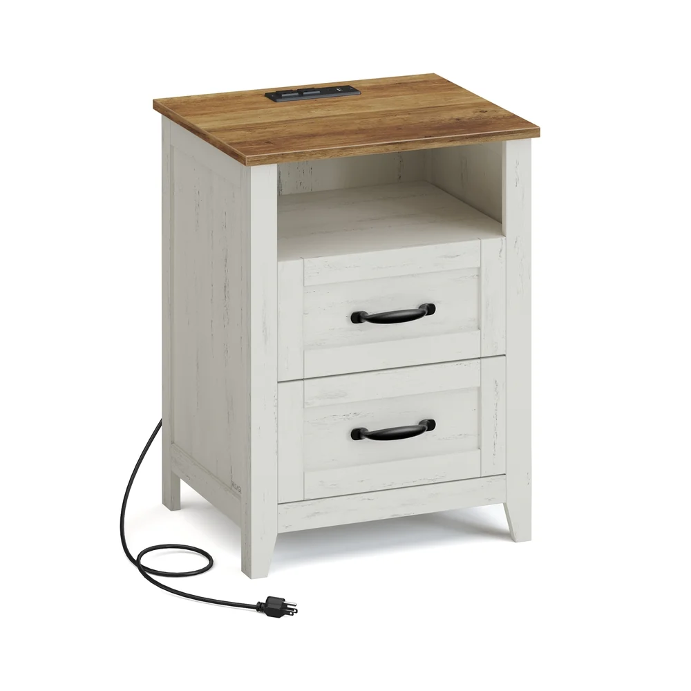 Luxury VASAGLE Liry Collection - Farmhouse nightstand with charging station drawers and open shelf Pure