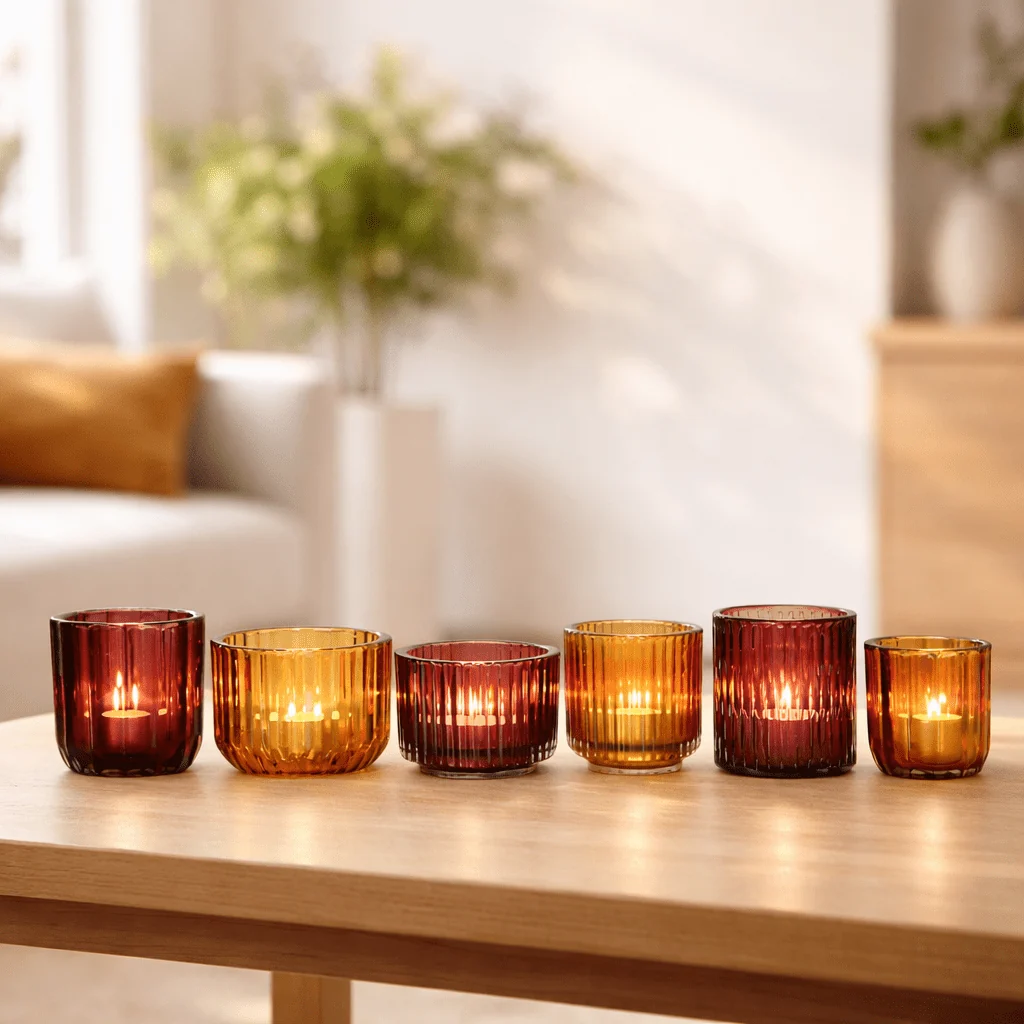 Smooth Amber Glass Candle Holders on Wooden Tray – 6 Piece Set Prestigious