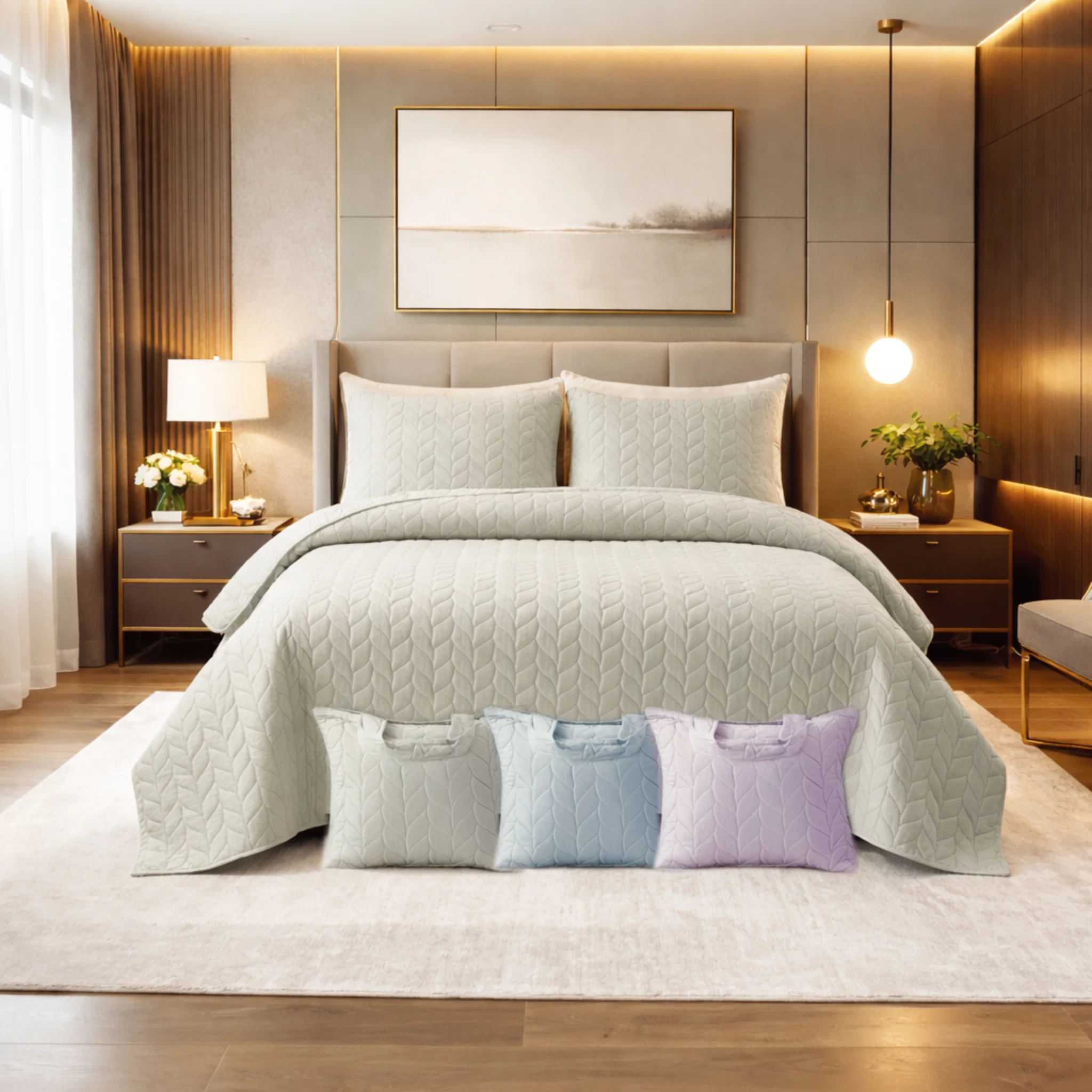Contemporary 3Pcs Satin Quilt Set ADA Unique