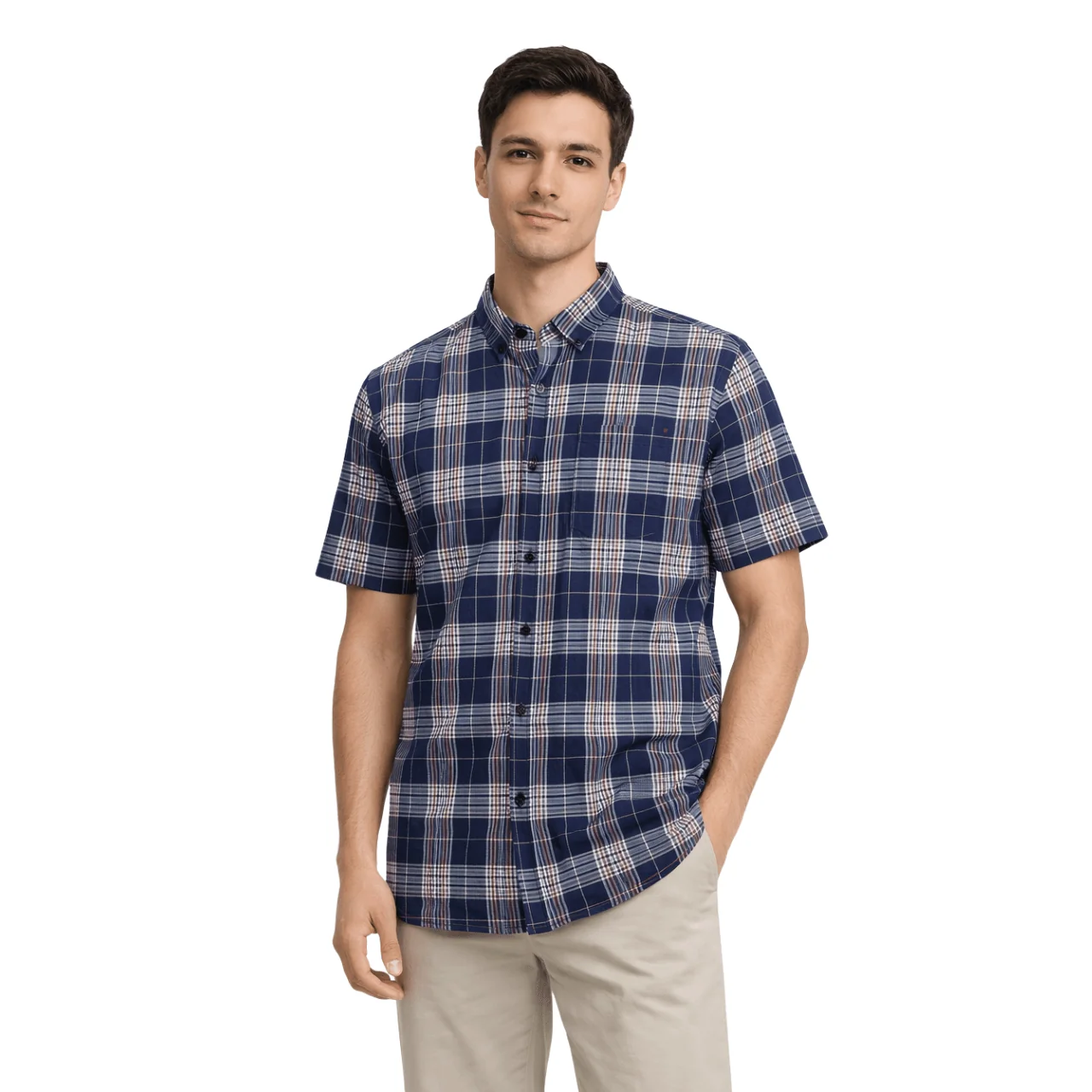 Natural Short Sleeve Plaid Button-Up Shirt Functional