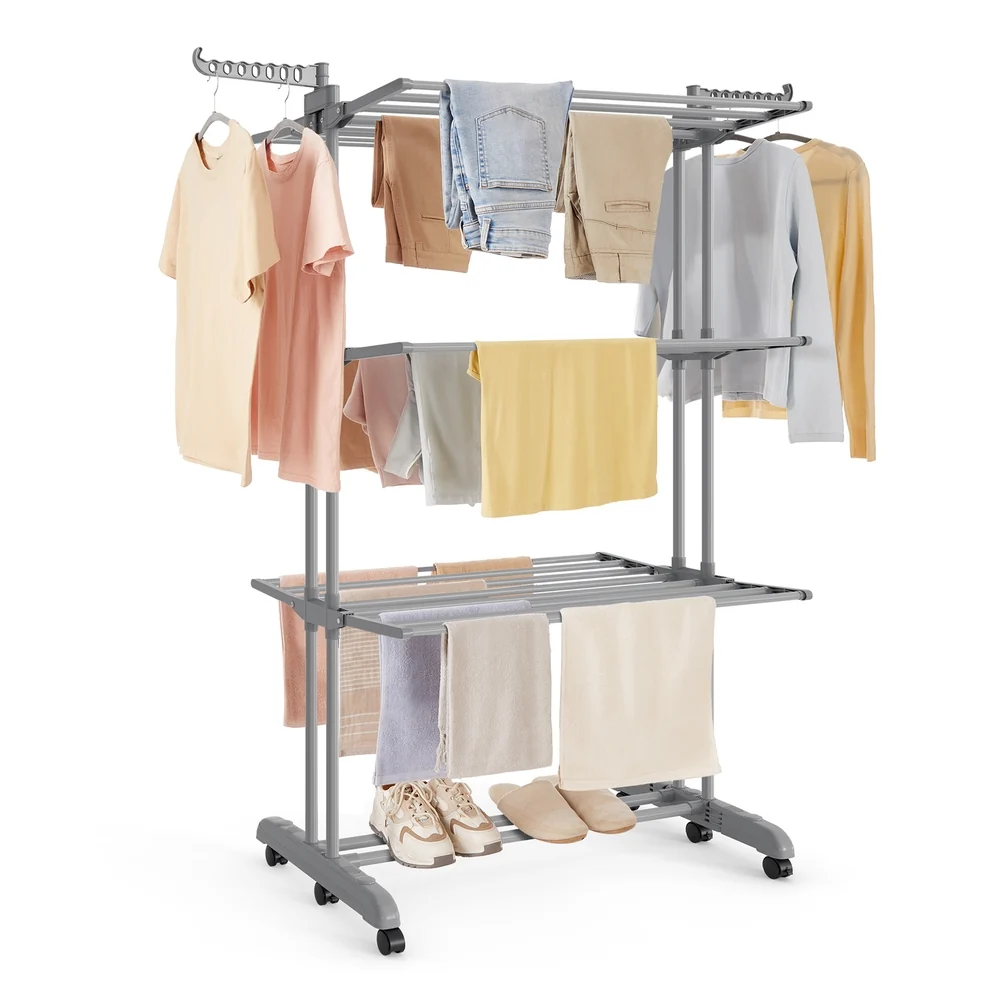 Functional SONGMICS SONGMICS Clothes Drying Rack 4-Tier Foldable Laundry Drying Rack 173 cm Tall Stainless Steel Rolling Clothes Horses Versatile