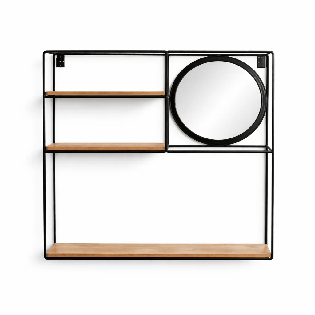Smart Metal Wall Shelf with Mirror – Modern Decorative Storage Unit World-Class
