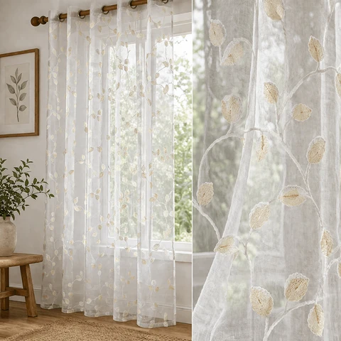 Optimized Sheer Two-Tone Floral Embroidered Grommet Curtain Panel – White Sustainable