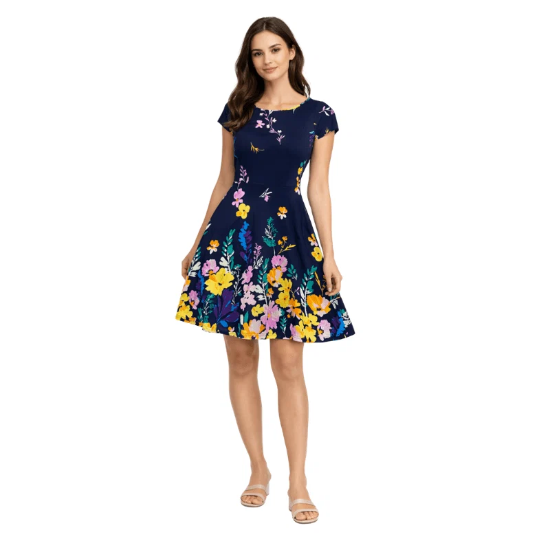 Recyclable Maria Printed Skater Dress with Cap Sleeves Pure