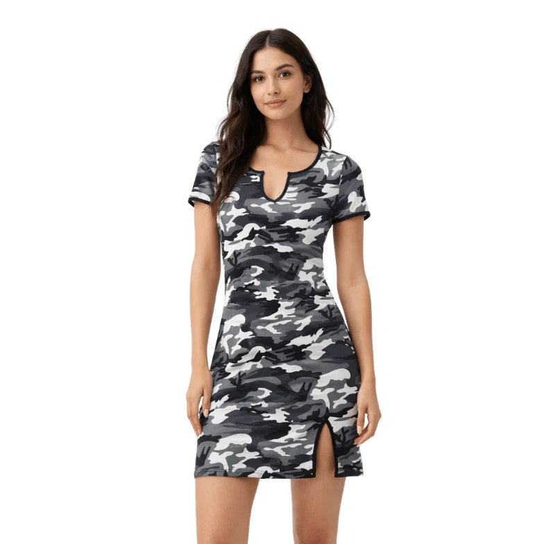 Recyclable Camo Print Fitted Dress with Keyhole Neckline Fast