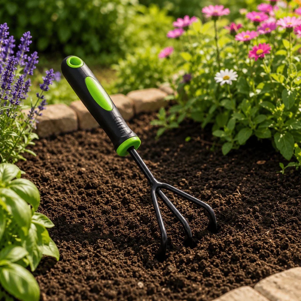 Expertly Made Three-Tine Hand Cultivator – Two-Tone Garden Rake with Short Handle High-Performance