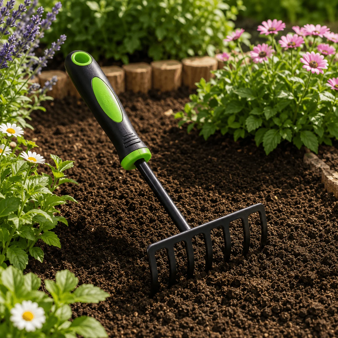 High-Performance Five-Tine Hand Garden Rake – Two-Tone Short Handle Cultivator Secure