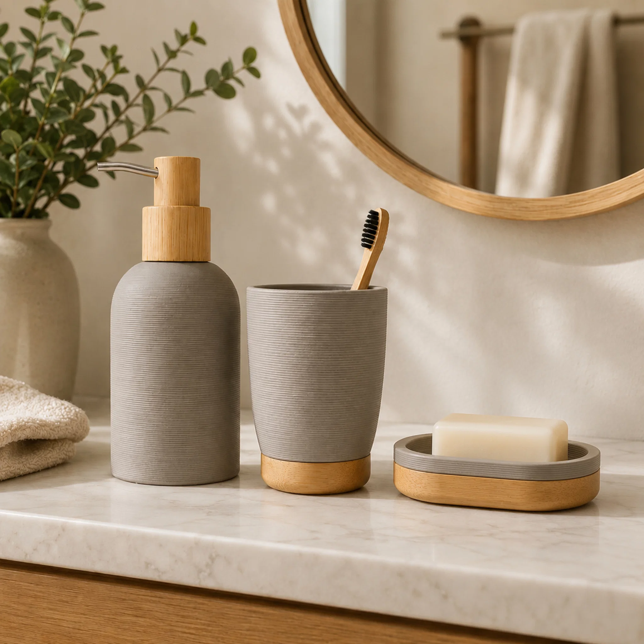 Efficient 3-Piece Grey Limestone Polyresin Bathroom Accessory Set with Bamboo Accents Modern