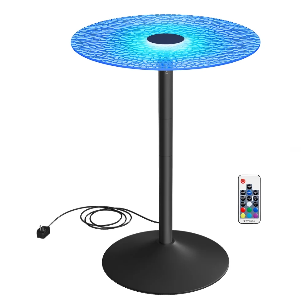 Natural VASAGLE Round Cocktail Table with Multi-Colored Lights and Glass Top Elite