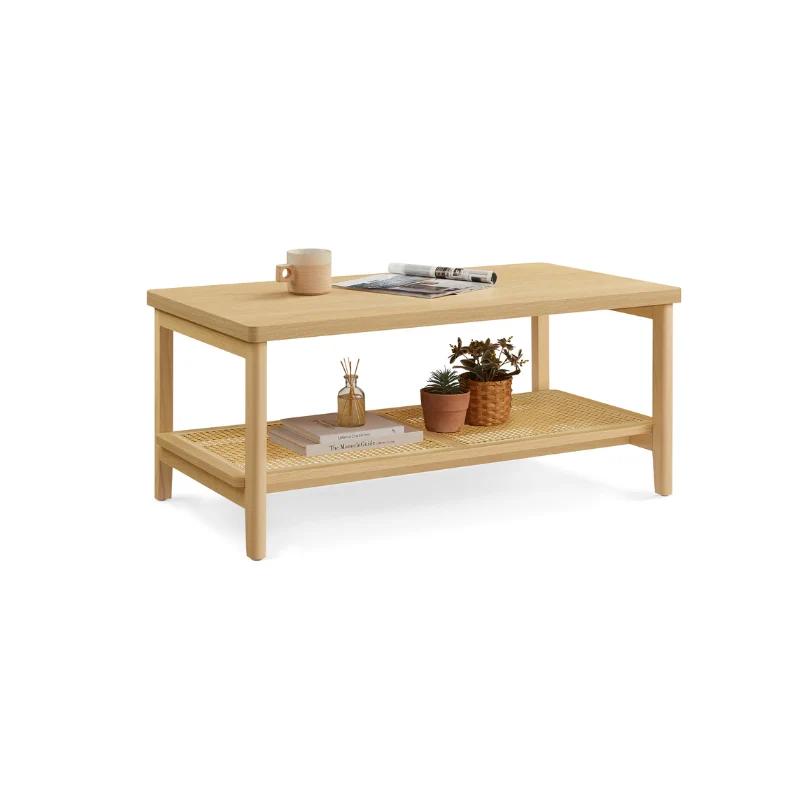 Refined VASAGLE Rectangular Center Table with PVC Rattan Storage Shelf Functional