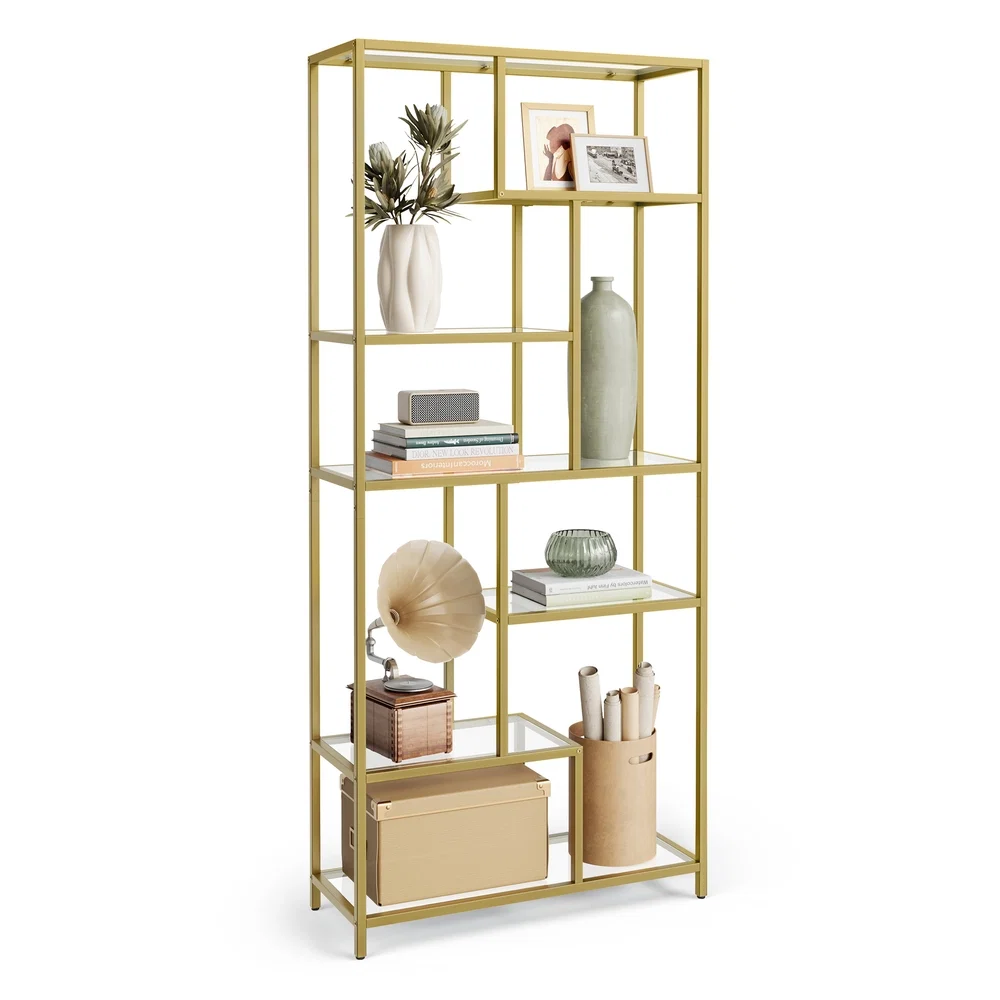 Secure VASAGLE 6-Tier Tall Bookshelf with Tempered Glass Shelves Natural