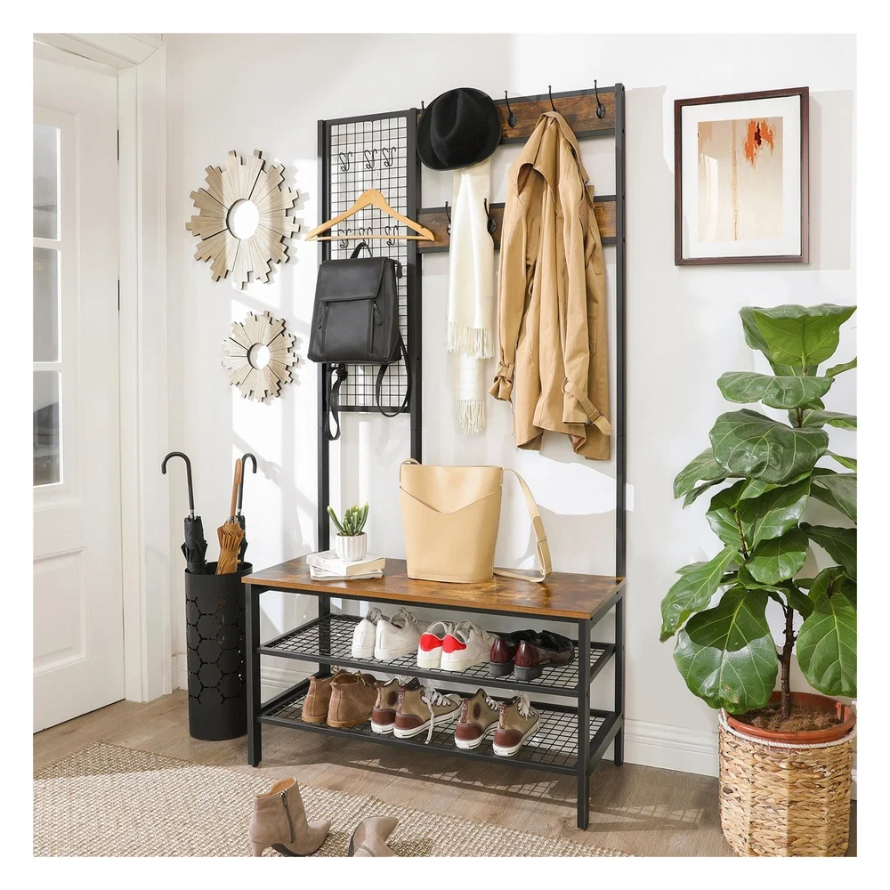 Fast VASAGLE Industrial Coat Rack Shoe Bench with Grid Wall Advanced