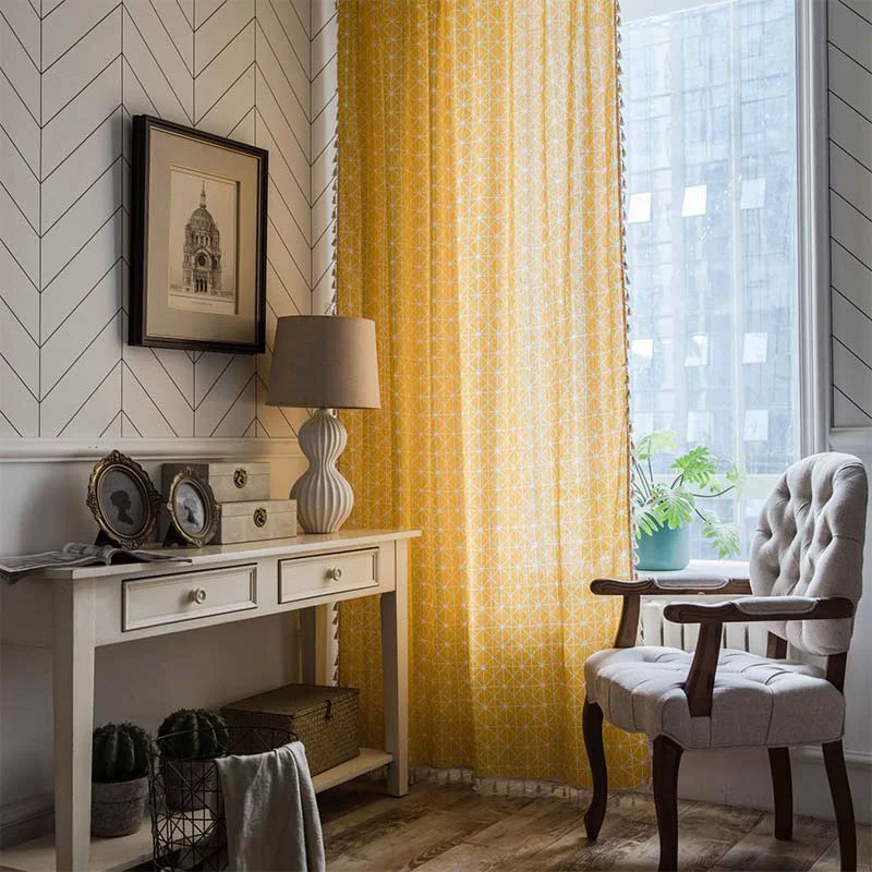 Crafted Ownkoti Yellow Plaid Translucent Curtains with Tassels Practical