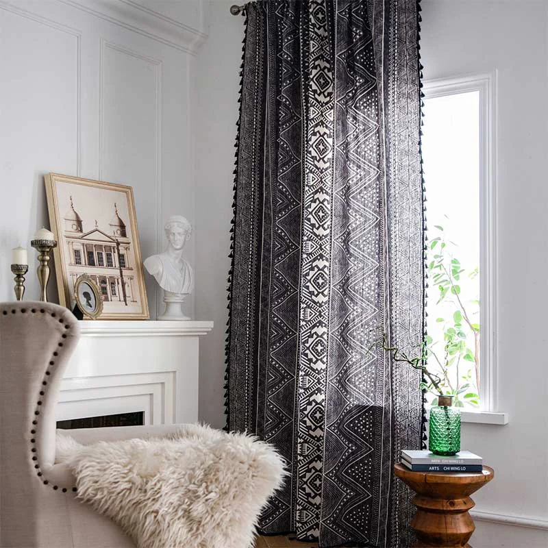 Selected Ownkoti Bohemian Black Geometric Cotton Tassels Curtains Top-Quality