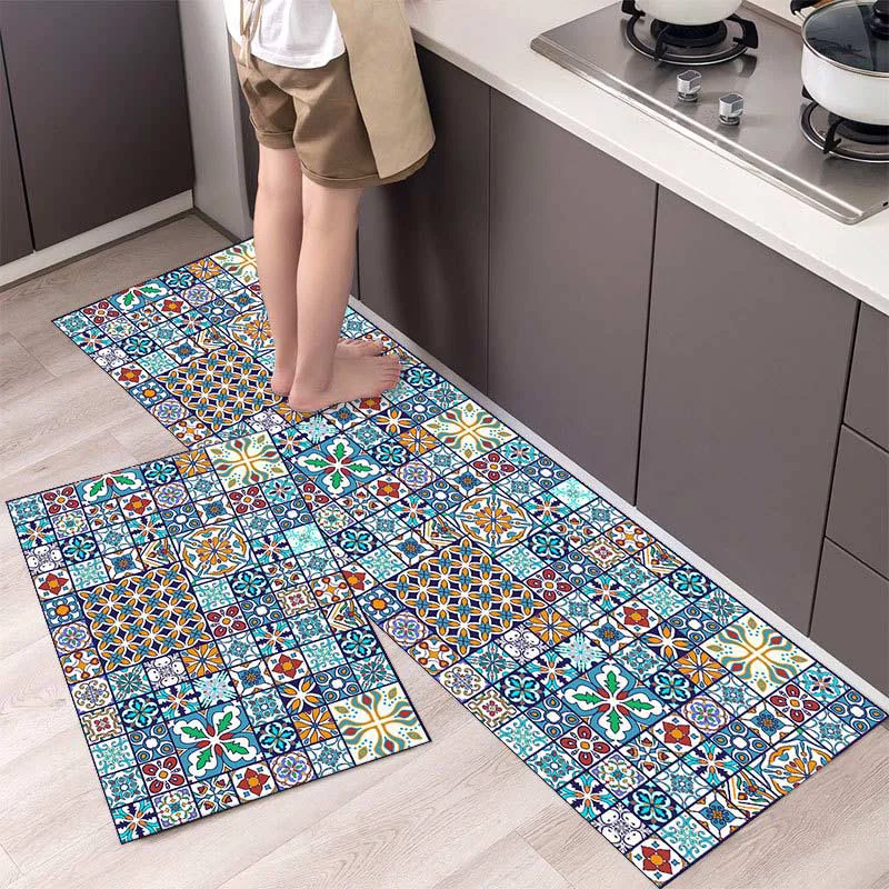 Fashionable Ownkoti Blue Patchwork Kitchen Rugs Anti-Slip Elegant