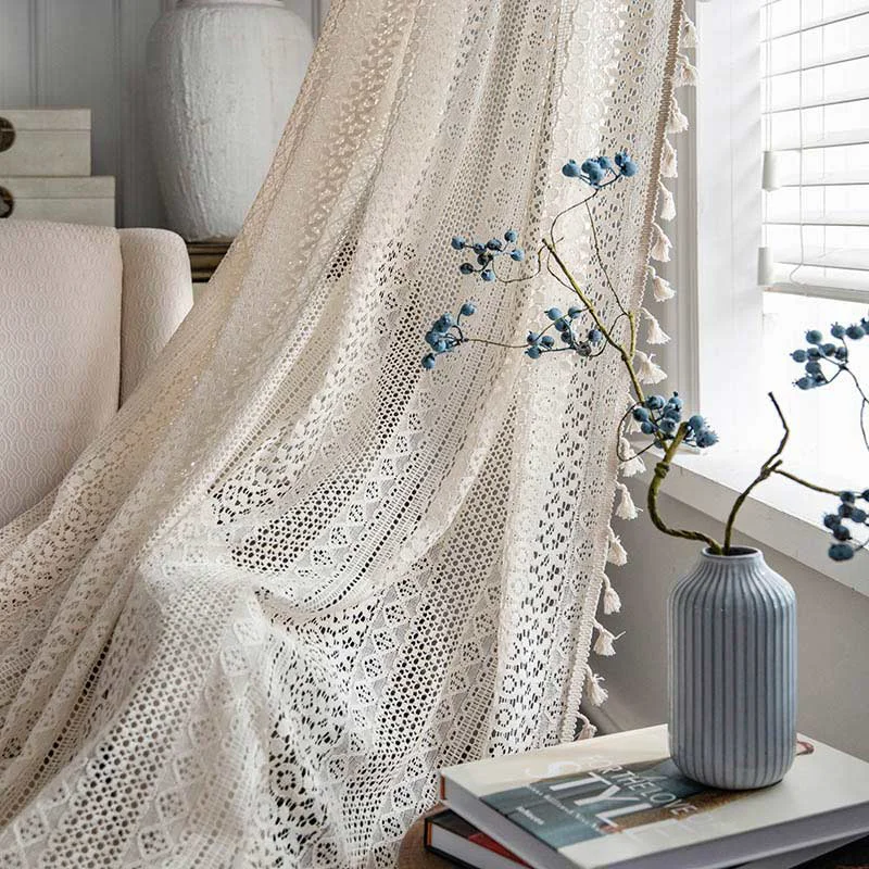 High-Grade Ownkoti Cotton Beige Curtain Hollow-Out Tassel Drapes Recyclable