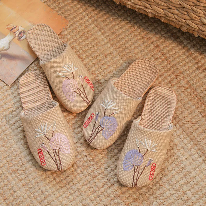 Smart Ownkoti Retro Embroidered Lotus Flax Slippers Durable