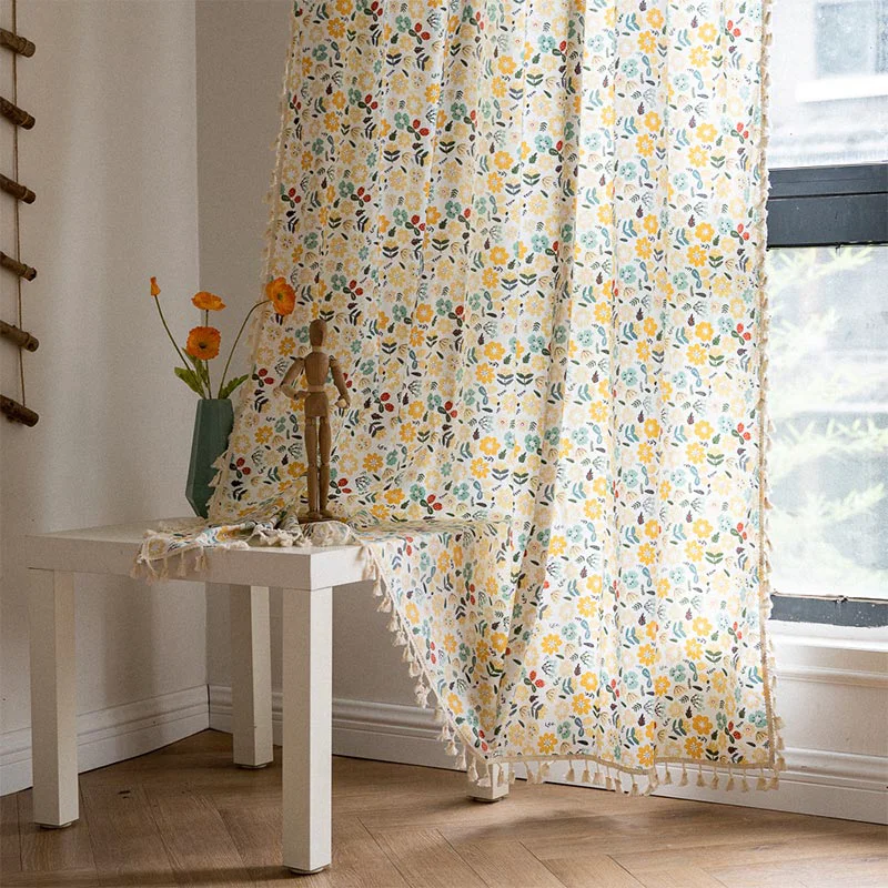 Specialty Ownkoti Yellow Flower Tassel Light Filtering Curtain Fine Crafted