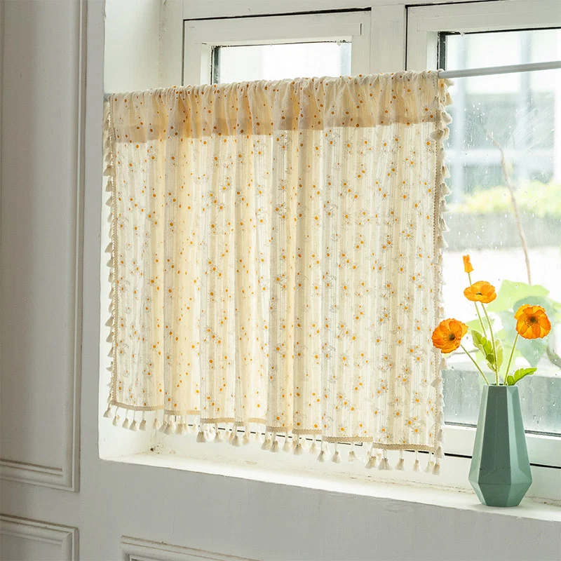 Durable Ownkoti Beige Daisy Pattern Tier Curtain Pure