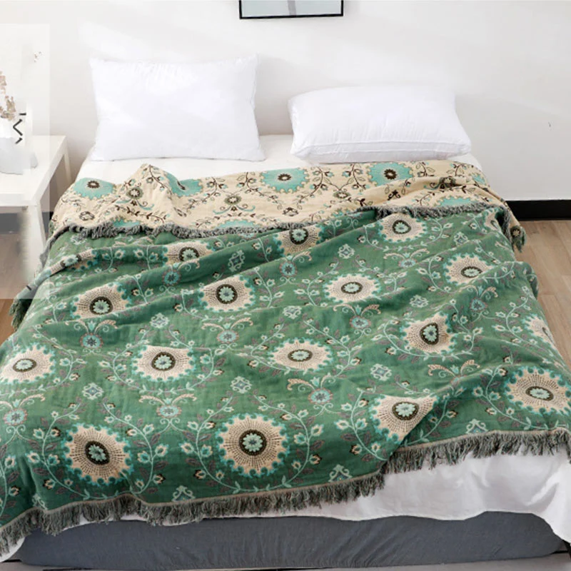 Refined Ownkoti Retro Cotton Gauze Reversible Tassel Quilt Functional