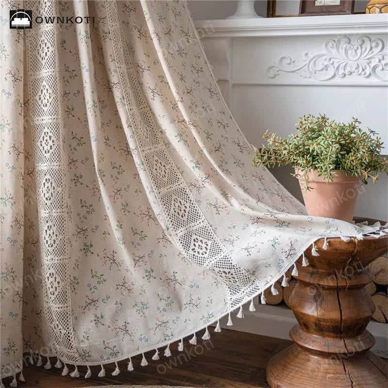 Environmentally Friendly Ownkoti Floral Plaid Splicing Light Filtering Tassel Curtain Durable
