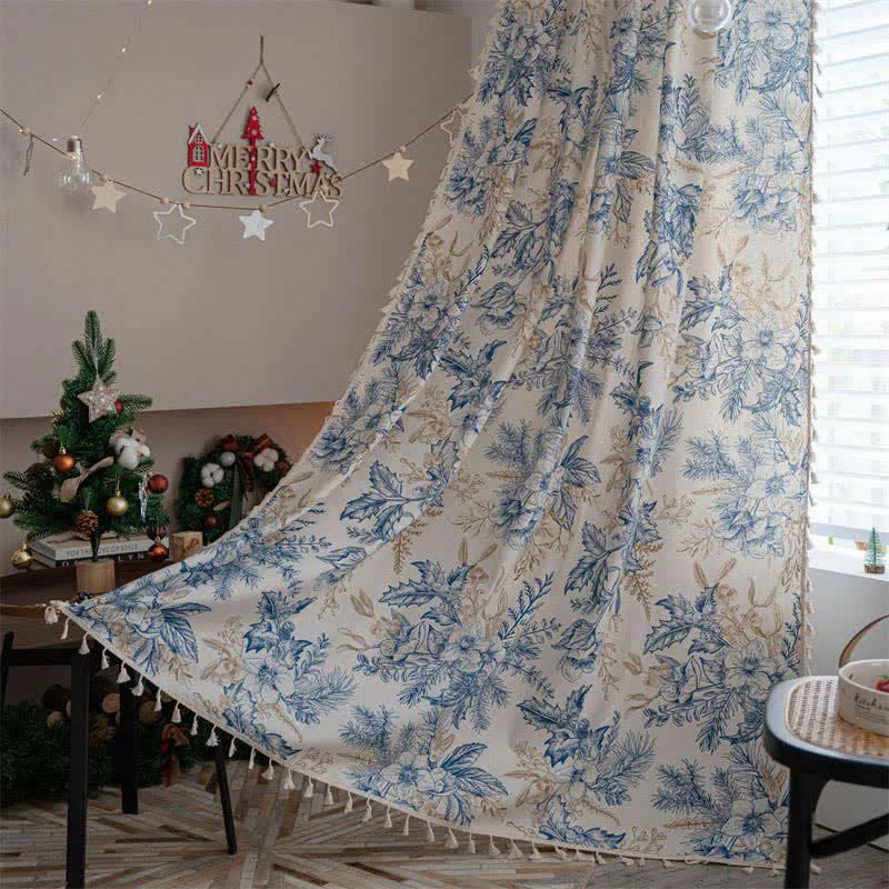 High-Quality Ownkoti Blue Flower Pine Light Filtering Curtain Unique