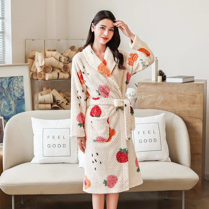 User-Friendly Ownkoti Fruit Print Breathable Bathrobe with Belt High-Grade