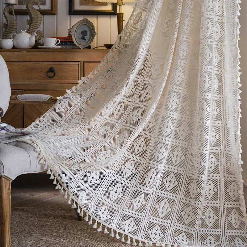 High-Performance Ownkoti Rhombus Plaid Hollow-Out Decorative Curtain Natural