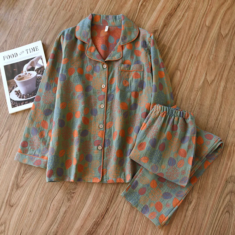 Modern Ownkoti Leaf Green Cotton Gauze Loungewear Set Smooth
