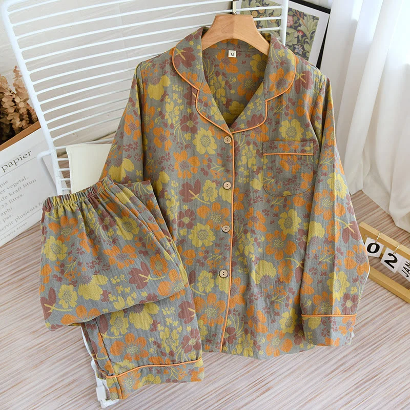 Exclusive Ownkoti Yellow Daisy Lapel Cotton Loungewear Set Solid