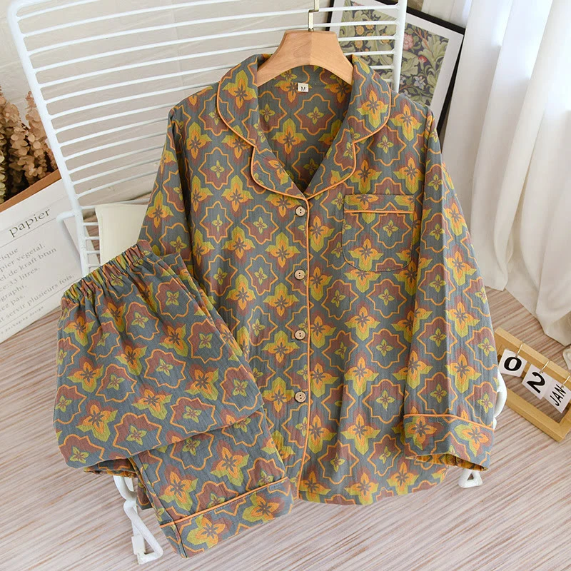 Professional Ownkoti Rhombus Flower Lapel Cotton Loungewear Set Versatile