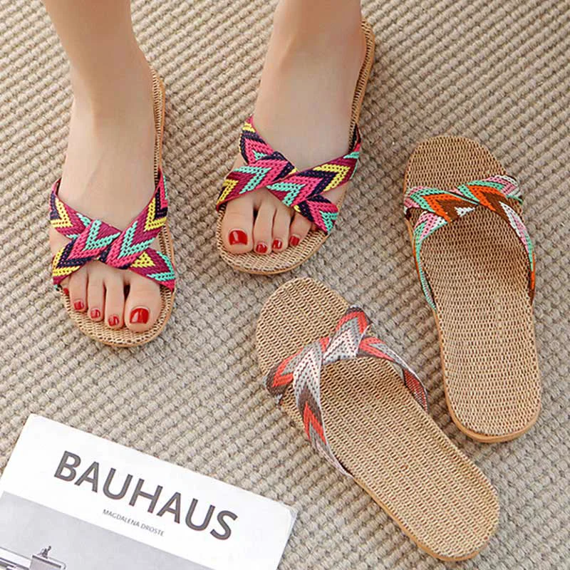 Detailed Ownkoti Boho Cross Anti-slip Flax Slippers Versatile