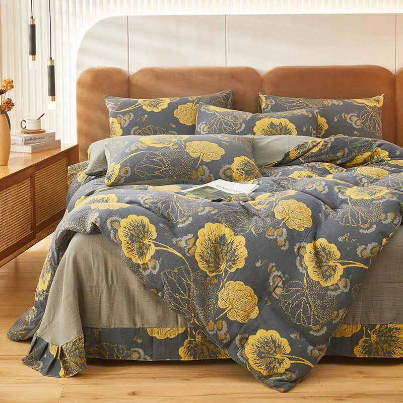 Easy-to-Use Ownkoti Yellow Leaf Print Cotton Bedding Sets 4PCS Consistent