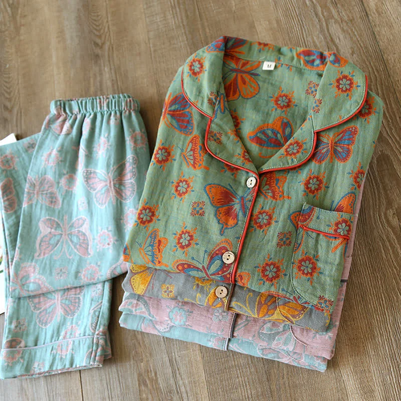 Healthy Ownkoti Vintage Butterfly Print Cotton Loungewear Set Durable