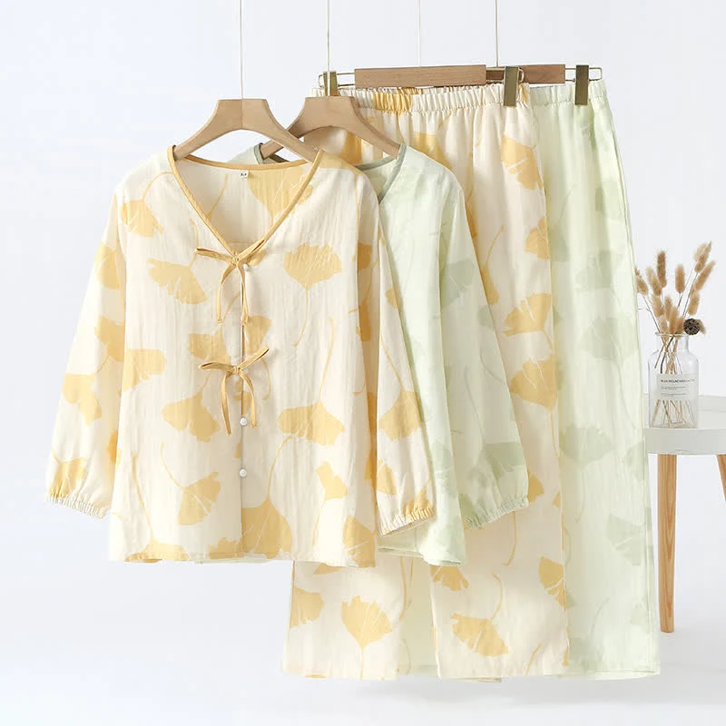 Convenient Ownkoti Ginkgo Leaf Bowknot Cotton Loungewear Set High-Quality