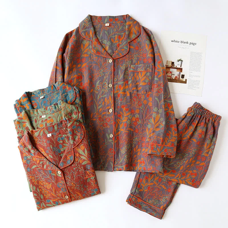 Elegant Ownkoti Vintage Leaf Cotton Lapel Loungewear Set Fashionable