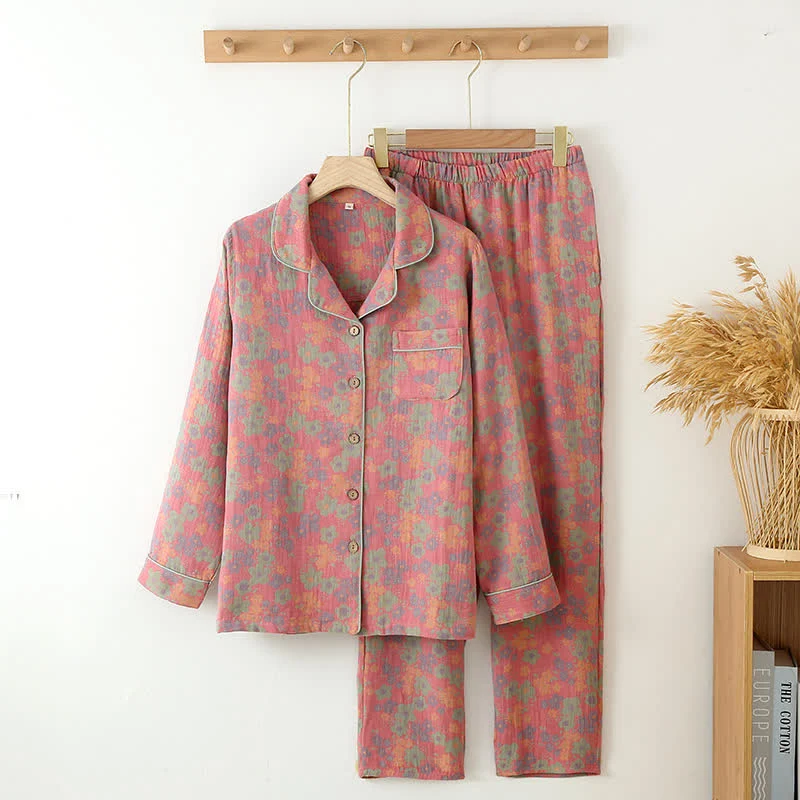 Relaxed Ownkoti Plum blossoms Cotton Gauze Loungewear Set Versatile