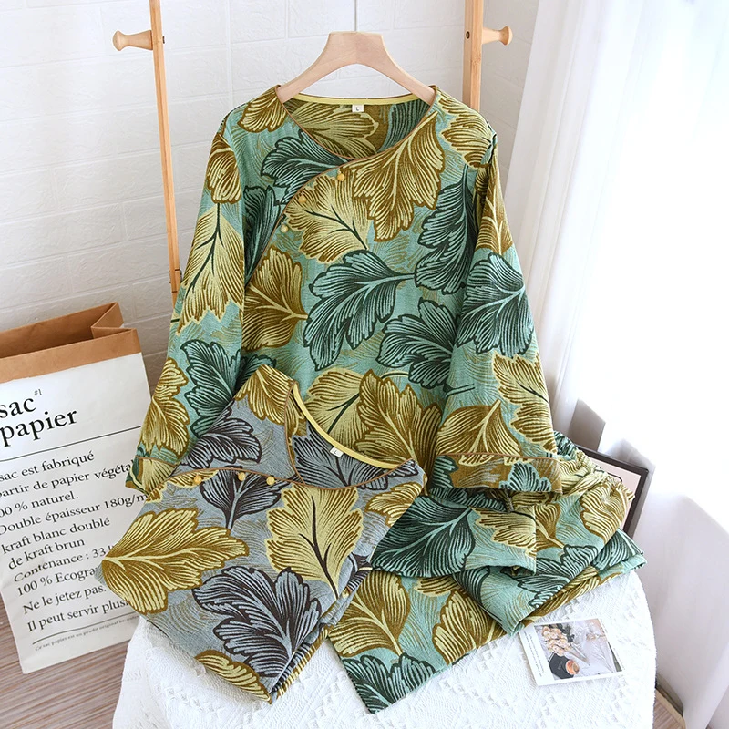 Quality Ownkoti Yarn-dyed Leaves Cotton Loungewear Set Superior
