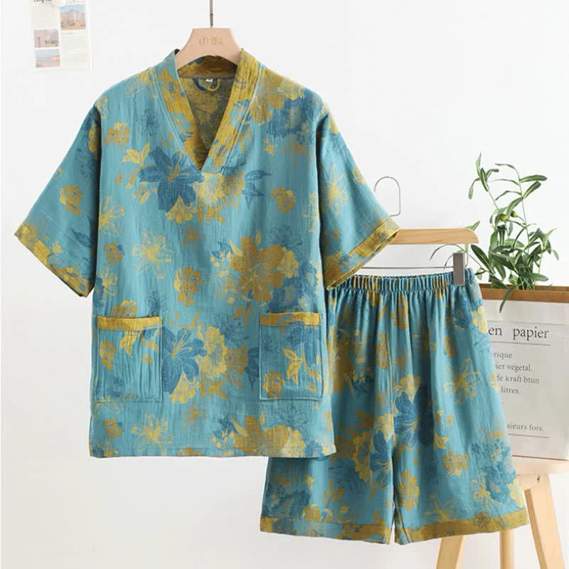 Traditional Ownkoti Cotton Gauze V-neck Short Sleeves Pajama Set Comfortable