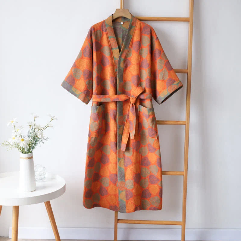 Soft Ownkoti V-neck Vivid Leaf Cotton Gauze Summer Bathrobe Traditional