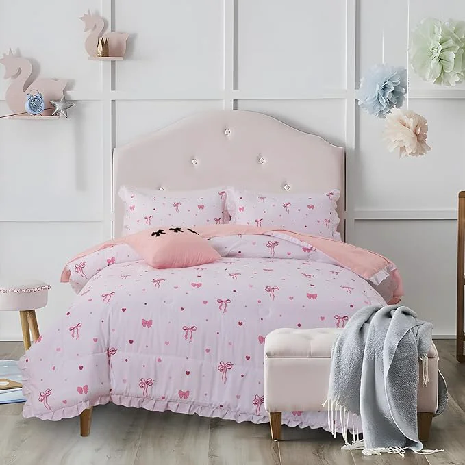 Clean A Nice Night Polka Dot Bow Comforter Set 6 Piece Bed in a Bag Chic Bowknot Bedding Sets Princess Style White Room Decor for Girls Full Eco-Friendly