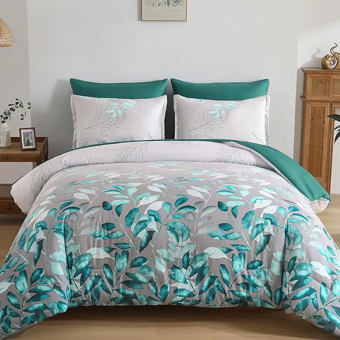 Enhanced Anibedding Teal Green Floral Comforter Set Queen 7 Piece Green Botanical Gradient Leaves Ultra Soft Microfiber Down Bedding Set with Sheets and Bedroom for All Season Secure