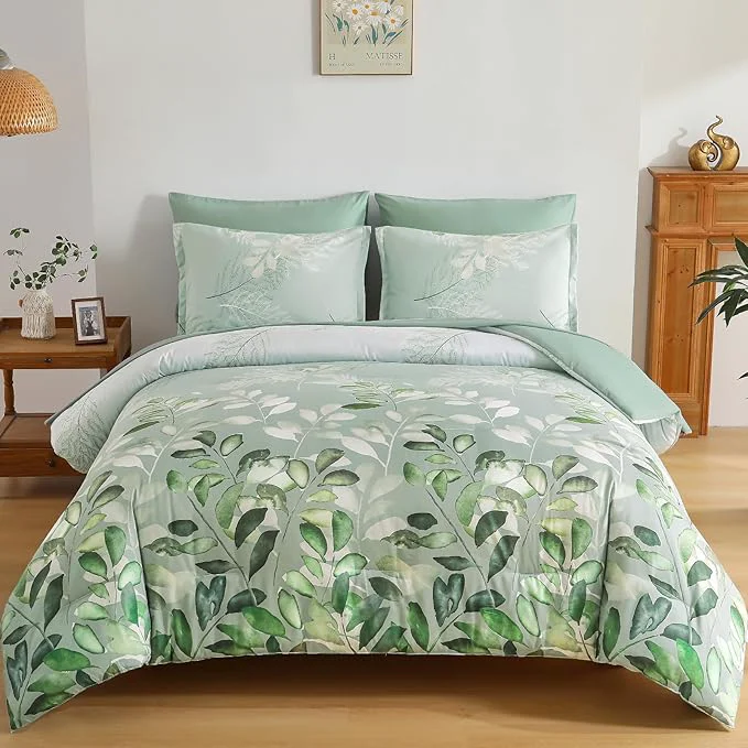 Verified Anibedding Sage Green King Size Comforter Set 7 Piece Botanical Gradient Leaves Ultra Soft Microfiber Down Bedding Set with Sheets Pillowcase for All Season Traditional