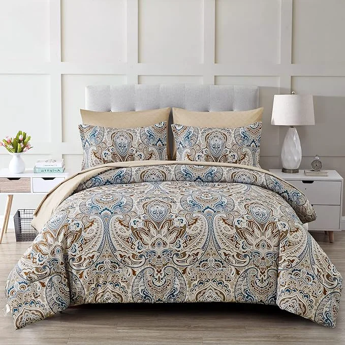 Traditional Drucon Brown Paisley Comforter Set Full 7 Pieces Bed in a Bag Brown Paisley Pattern Comforter Soft Microfiber Bedding Set Full Size with Sheet and Pillowcases for Men Women Excellent