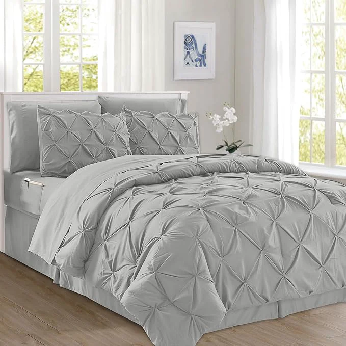 Exceptional Elegant Comfort 8-Piece Pinch Pleated Comforter Set - All Season Complete Bed in a Bag Includes 4pc Smart Sheet Set Bed Skirt Comforter Matching Pillowcases and Shams Twin Twin XL Light Gray Reusable