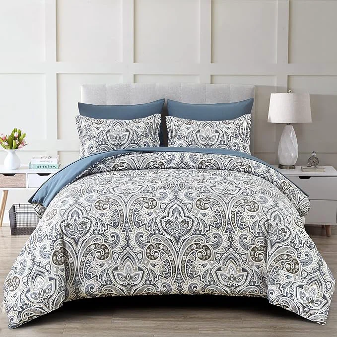 Durable Drucon Blue Paisley Comforter Set Queen 7 Pieces Bed in a Bag Comforter Boho Paisley Pattern Bedding Set Soft Microfiber 1 Comforter 1 Flat Sheet 1 Fitted Sheet 2 Pillowcases 2 Pillow Shams Lightweight