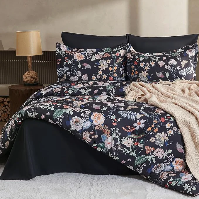 Proven 7 Piece Queen Comforter Set Black Butterfly Floral Comforter Set with Flowers Leaves Pattern Soft Microfiber Complete Bedding Set for All Season Black Queen Genuine