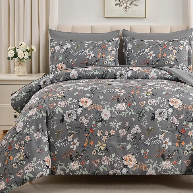 Artisan 7 Piece Queen Comforter Set Dark Grey Butterfly Floral Comforter Set with Flowers Leaves Pattern Soft Microfiber Complete Bedding Set for All Season Dark Grey Queen