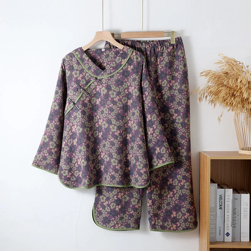 Fashionable Ownkoti Cotton Gauze Floral Frog Closure Loungewear Set Genuine