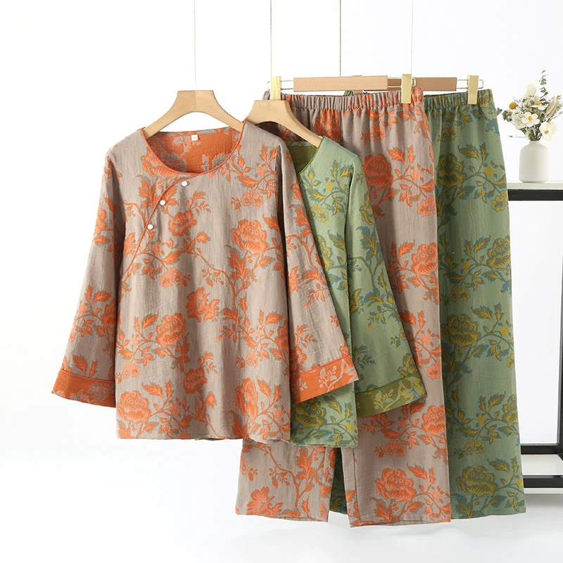 Excellent Ownkoti Cotton Gauze Floral Round-neck Nightwear Set Safe